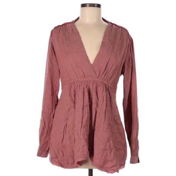 Free People Deep V-Neck Empire Waist Micro Striped Casual Baby Doll Top - Picture 3 of 11